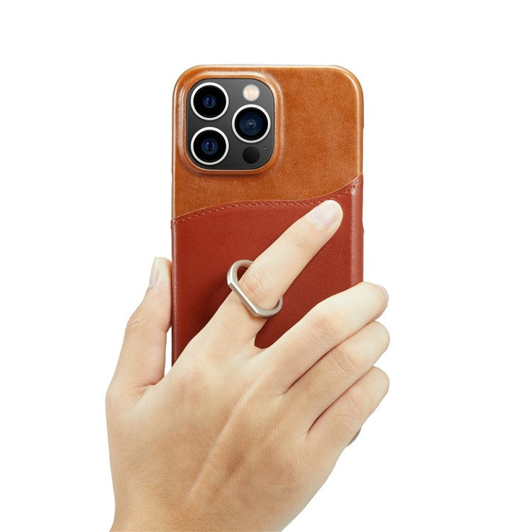 Imprinted Anti-Drop Phone Case for iPhone 14 Pro Max Genuine Leather Hard PC Phone Shell Shockproof Ring Kickstand Case with Card Holder - Brown