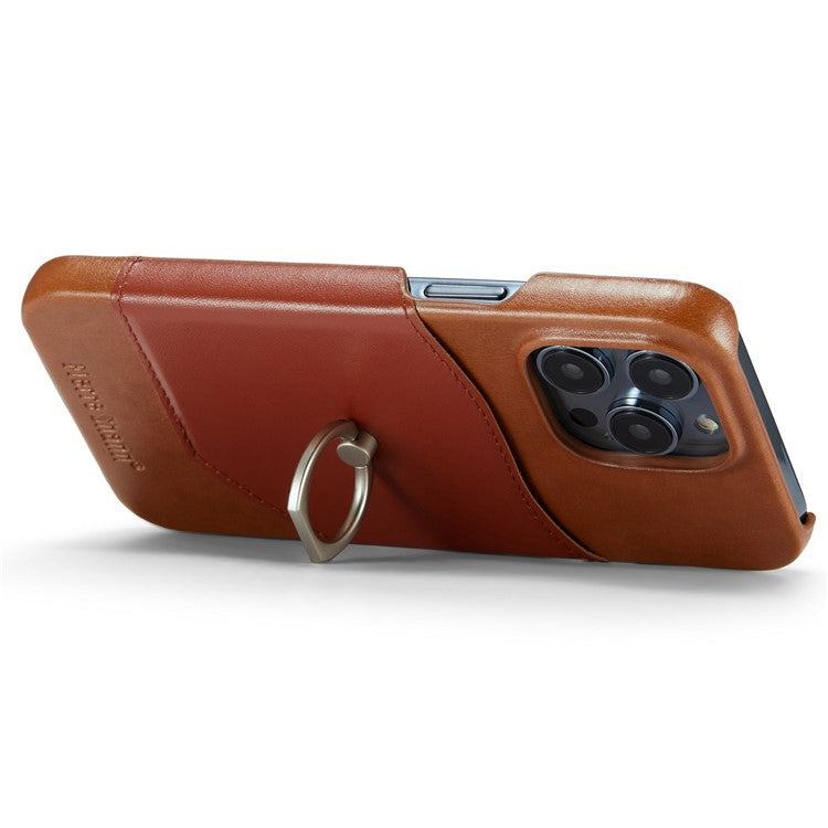 Imprinted Anti-Drop Phone Case for iPhone 14 Pro Max Genuine Leather Hard PC Phone Shell Shockproof Ring Kickstand Case with Card Holder - Brown