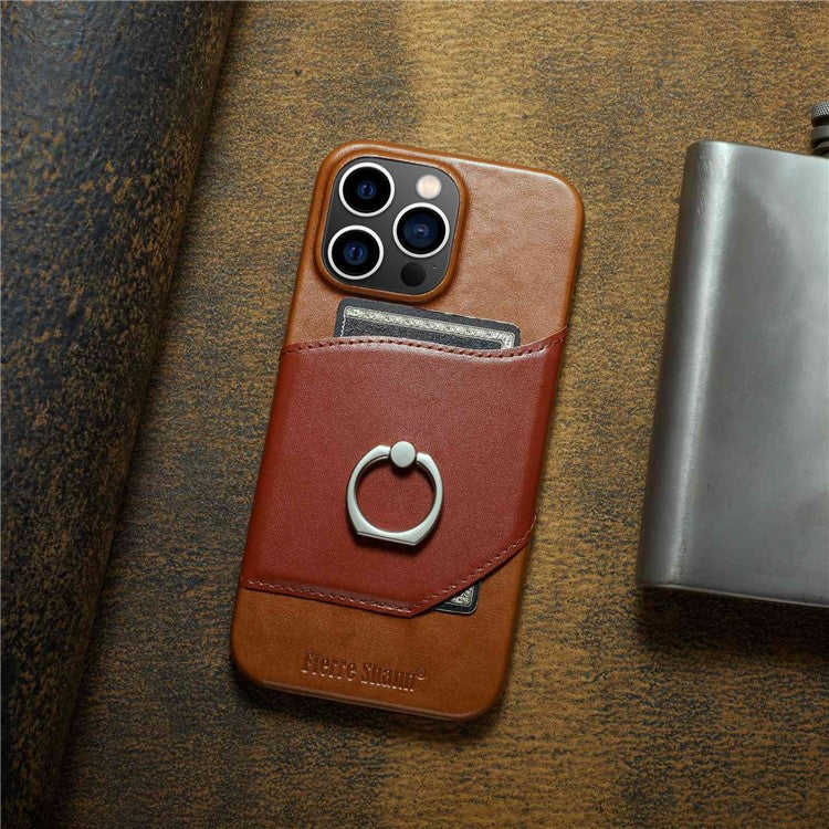 Imprinted Anti-Drop Phone Case for iPhone 14 Pro Max Genuine Leather Hard PC Phone Shell Shockproof Ring Kickstand Case with Card Holder - Brown
