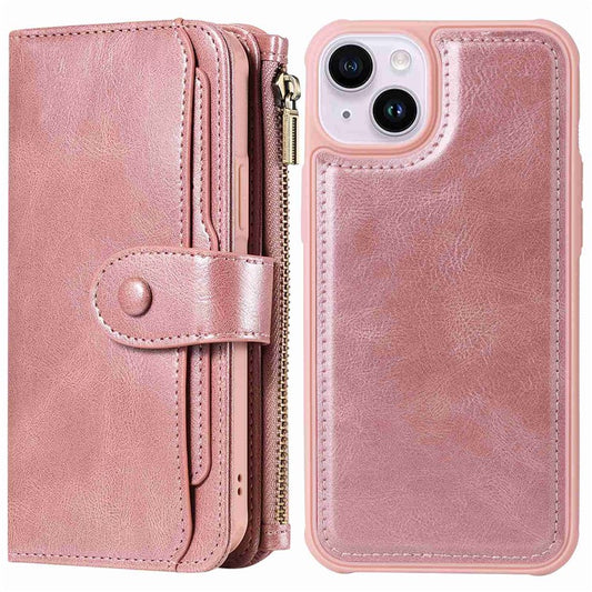 KT Multi-functional Series-3 For iPhone 14 Zipper Pocket Phone Cover Retro PU Leather Detachable Inner TPU Stand Phone Case Magnetic Closure Wallet Cash Pouch - Rose Gold