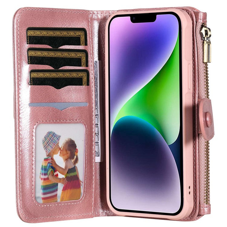 KT Multi-functional Series-3 For iPhone 14 Zipper Pocket Phone Cover Retro PU Leather Detachable Inner TPU Stand Phone Case Magnetic Closure Wallet Cash Pouch - Rose Gold