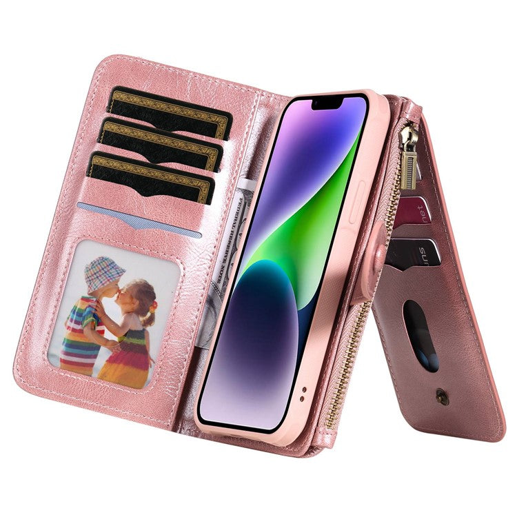 KT Multi-functional Series-3 For iPhone 14 Zipper Pocket Phone Cover Retro PU Leather Detachable Inner TPU Stand Phone Case Magnetic Closure Wallet Cash Pouch - Rose Gold