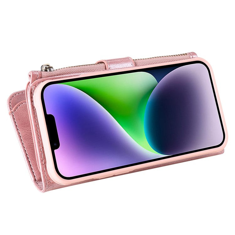 KT Multi-functional Series-3 For iPhone 14 Zipper Pocket Phone Cover Retro PU Leather Detachable Inner TPU Stand Phone Case Magnetic Closure Wallet Cash Pouch - Rose Gold