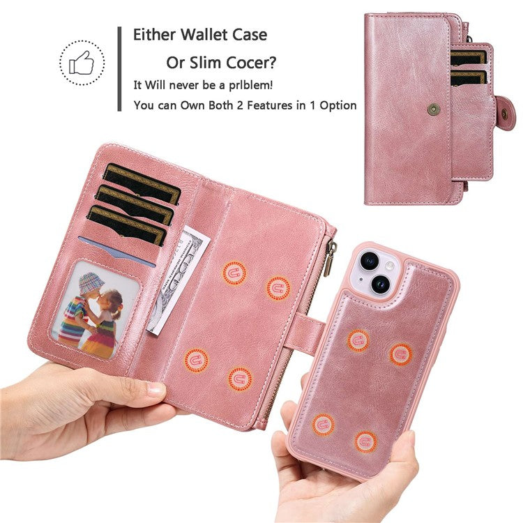 KT Multi-functional Series-3 For iPhone 14 Zipper Pocket Phone Cover Retro PU Leather Detachable Inner TPU Stand Phone Case Magnetic Closure Wallet Cash Pouch - Rose Gold