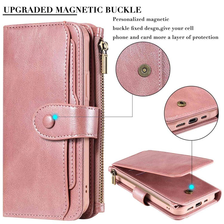 KT Multi-functional Series-3 For iPhone 14 Zipper Pocket Phone Cover Retro PU Leather Detachable Inner TPU Stand Phone Case Magnetic Closure Wallet Cash Pouch - Rose Gold