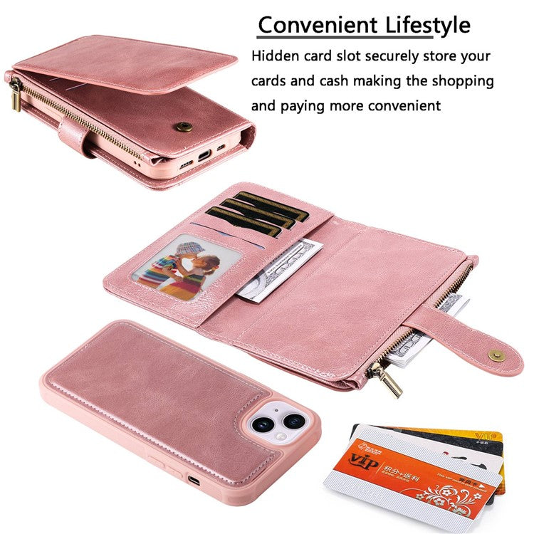 KT Multi-functional Series-3 For iPhone 14 Zipper Pocket Phone Cover Retro PU Leather Detachable Inner TPU Stand Phone Case Magnetic Closure Wallet Cash Pouch - Rose Gold