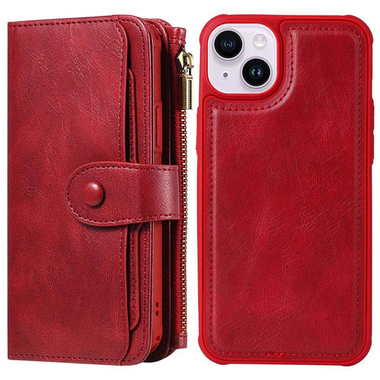 KT Multi-functional Series-3 For iPhone 14 Zipper Pocket Phone Cover Retro PU Leather Detachable Inner TPU Stand Phone Case Magnetic Closure Wallet Cash Pouch - Red