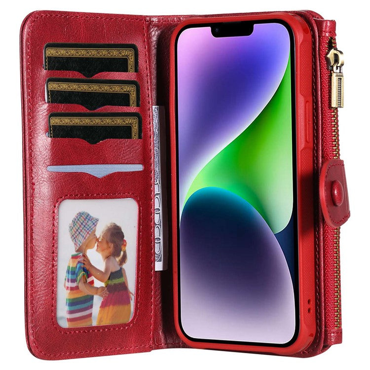 KT Multi-functional Series-3 For iPhone 14 Zipper Pocket Phone Cover Retro PU Leather Detachable Inner TPU Stand Phone Case Magnetic Closure Wallet Cash Pouch - Red