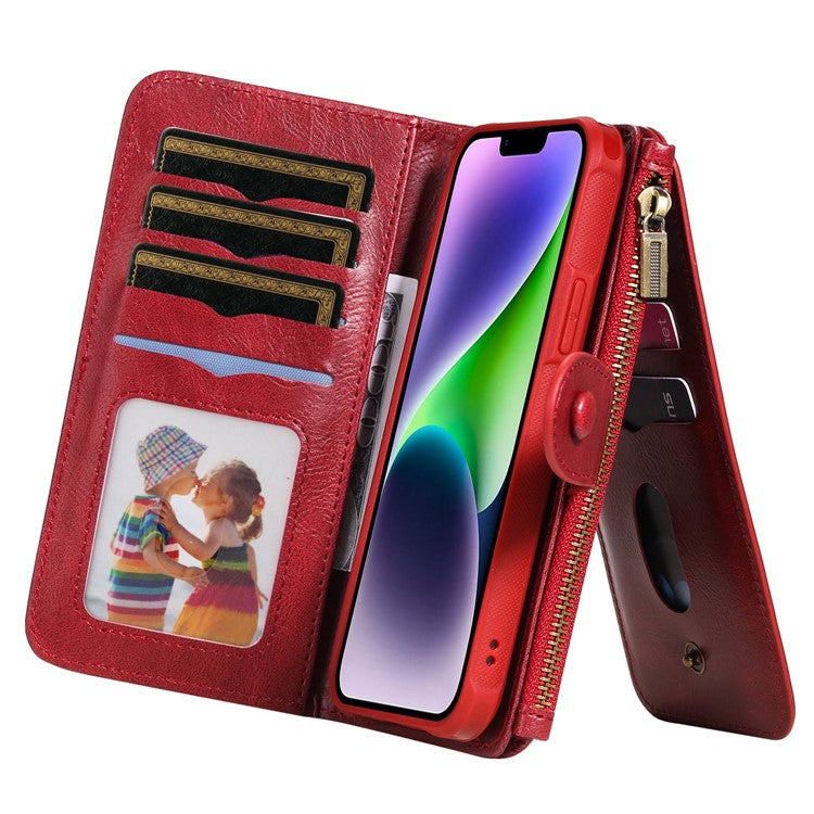 KT Multi-functional Series-3 For iPhone 14 Zipper Pocket Phone Cover Retro PU Leather Detachable Inner TPU Stand Phone Case Magnetic Closure Wallet Cash Pouch - Red