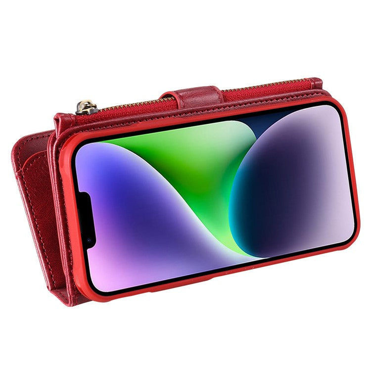 KT Multi-functional Series-3 For iPhone 14 Zipper Pocket Phone Cover Retro PU Leather Detachable Inner TPU Stand Phone Case Magnetic Closure Wallet Cash Pouch - Red