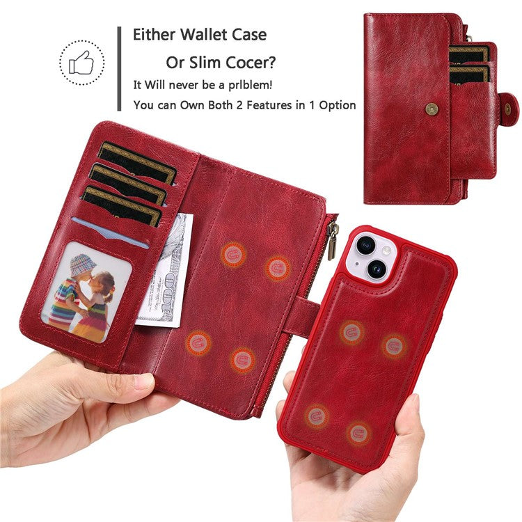 KT Multi-functional Series-3 For iPhone 14 Zipper Pocket Phone Cover Retro PU Leather Detachable Inner TPU Stand Phone Case Magnetic Closure Wallet Cash Pouch - Red