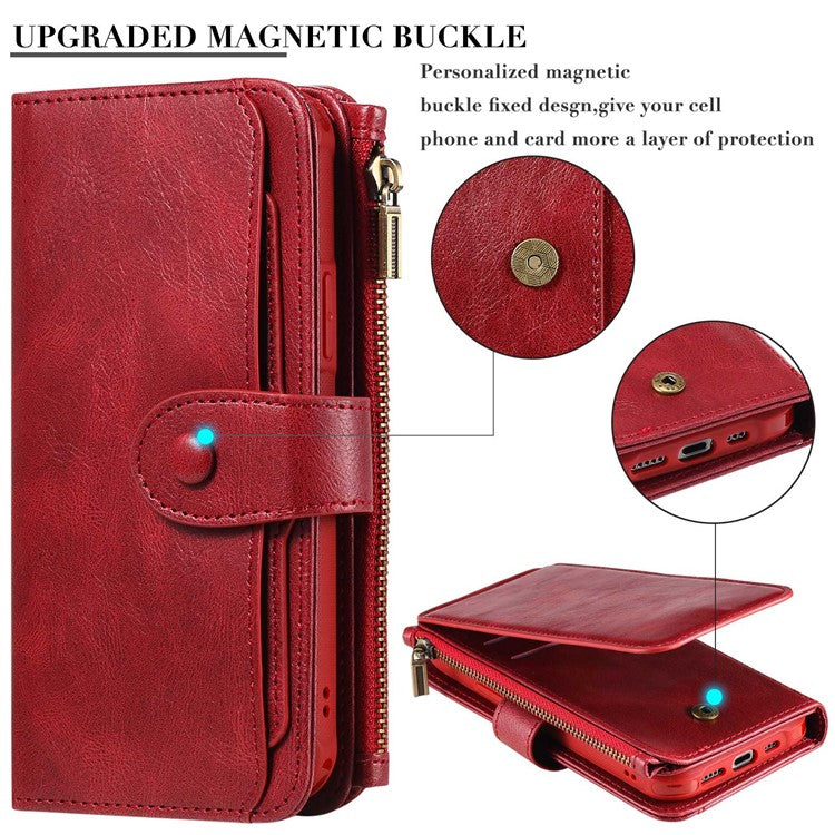 KT Multi-functional Series-3 For iPhone 14 Zipper Pocket Phone Cover Retro PU Leather Detachable Inner TPU Stand Phone Case Magnetic Closure Wallet Cash Pouch - Red