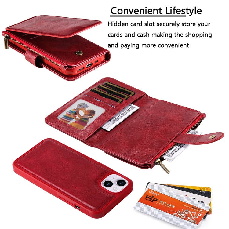KT Multi-functional Series-3 For iPhone 14 Zipper Pocket Phone Cover Retro PU Leather Detachable Inner TPU Stand Phone Case Magnetic Closure Wallet Cash Pouch - Red