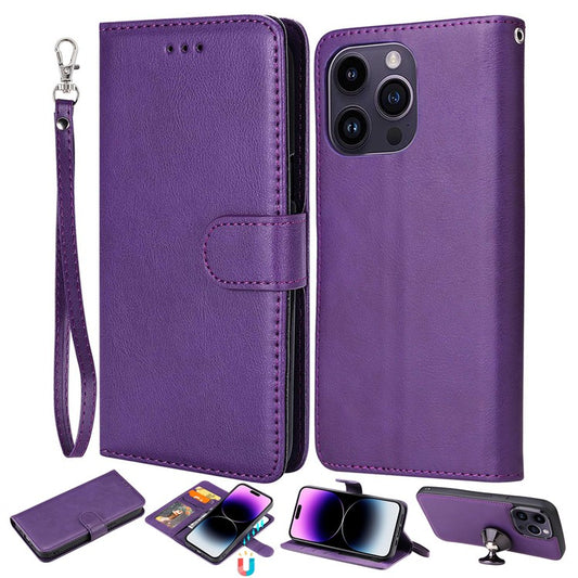 KT Leather Series-3 for iPhone 14 Pro Max Magnetic Detachable Wallet Phone Case Solid Color PU Leather Stand Shockproof Wrist Strap Removable Flip Protective Cover - Purple