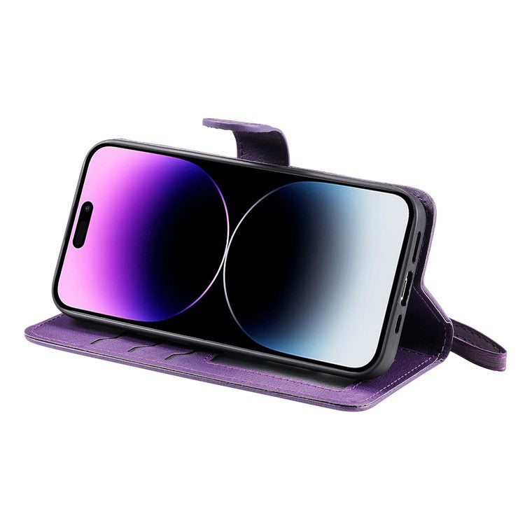 KT Leather Series-3 for iPhone 14 Pro Max Magnetic Detachable Wallet Phone Case Solid Color PU Leather Stand Shockproof Wrist Strap Removable Flip Protective Cover - Purple