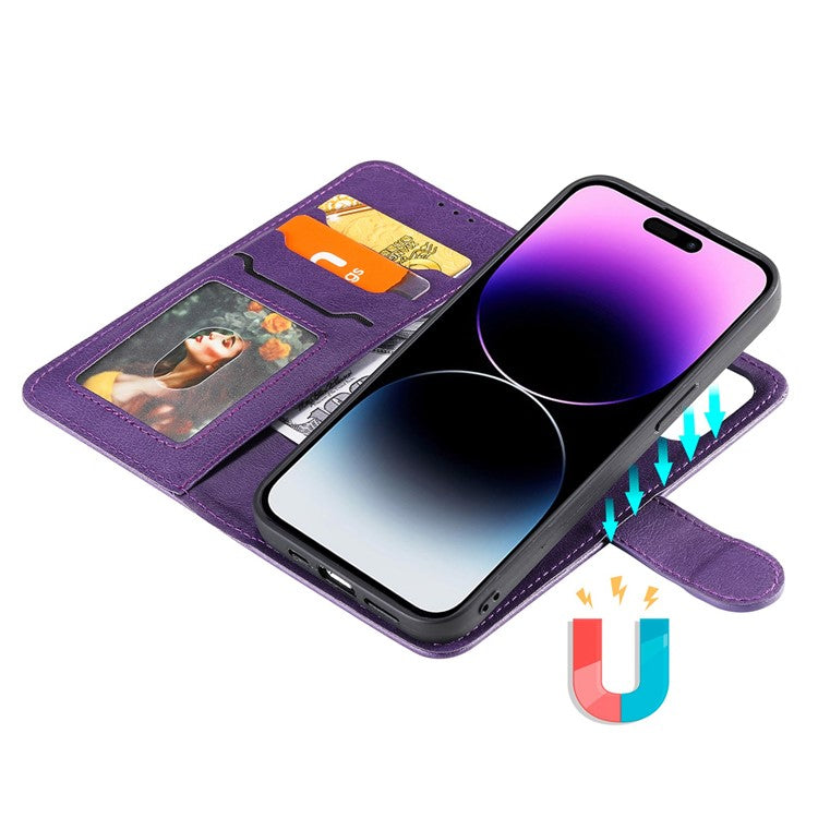 KT Leather Series-3 for iPhone 14 Pro Max Magnetic Detachable Wallet Phone Case Solid Color PU Leather Stand Shockproof Wrist Strap Removable Flip Protective Cover - Purple