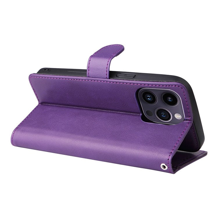 KT Leather Series-3 for iPhone 14 Pro Max Magnetic Detachable Wallet Phone Case Solid Color PU Leather Stand Shockproof Wrist Strap Removable Flip Protective Cover - Purple