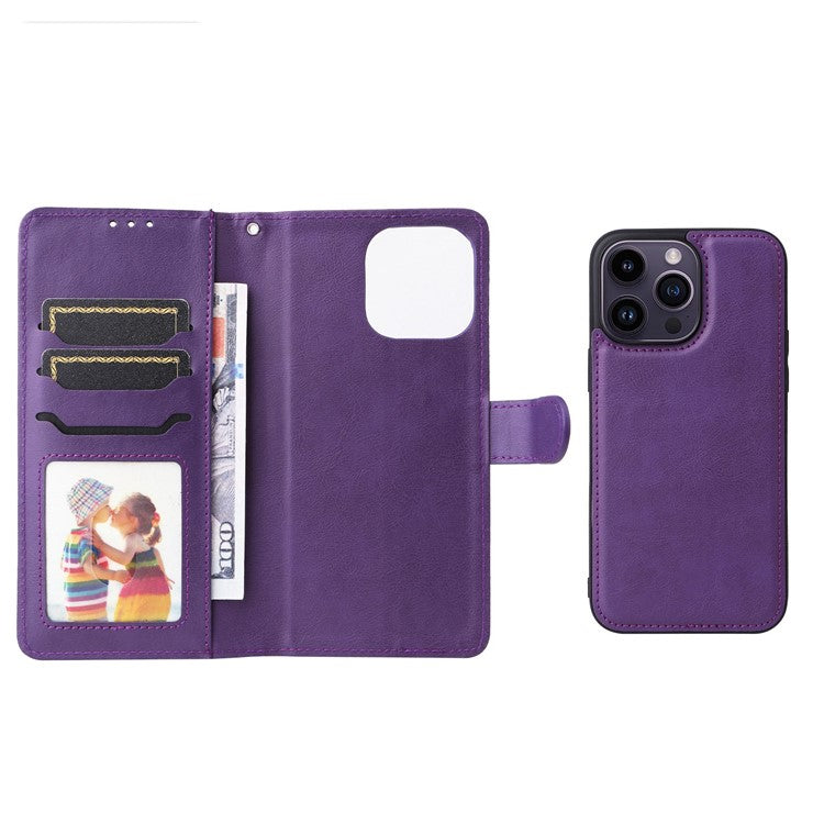 KT Leather Series-3 for iPhone 14 Pro Max Magnetic Detachable Wallet Phone Case Solid Color PU Leather Stand Shockproof Wrist Strap Removable Flip Protective Cover - Purple
