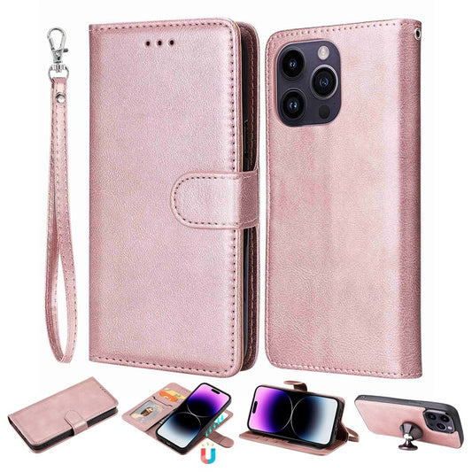 KT Leather Series-3 for iPhone 14 Pro Max Magnetic Detachable Wallet Phone Case Solid Color PU Leather Stand Shockproof Wrist Strap Removable Flip Protective Cover - Rose Gold