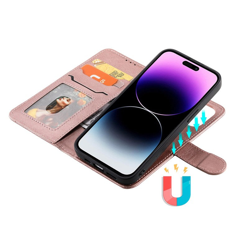 KT Leather Series-3 for iPhone 14 Pro Max Magnetic Detachable Wallet Phone Case Solid Color PU Leather Stand Shockproof Wrist Strap Removable Flip Protective Cover - Rose Gold