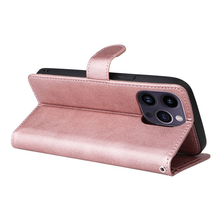KT Leather Series-3 for iPhone 14 Pro Max Magnetic Detachable Wallet Phone Case Solid Color PU Leather Stand Shockproof Wrist Strap Removable Flip Protective Cover - Rose Gold