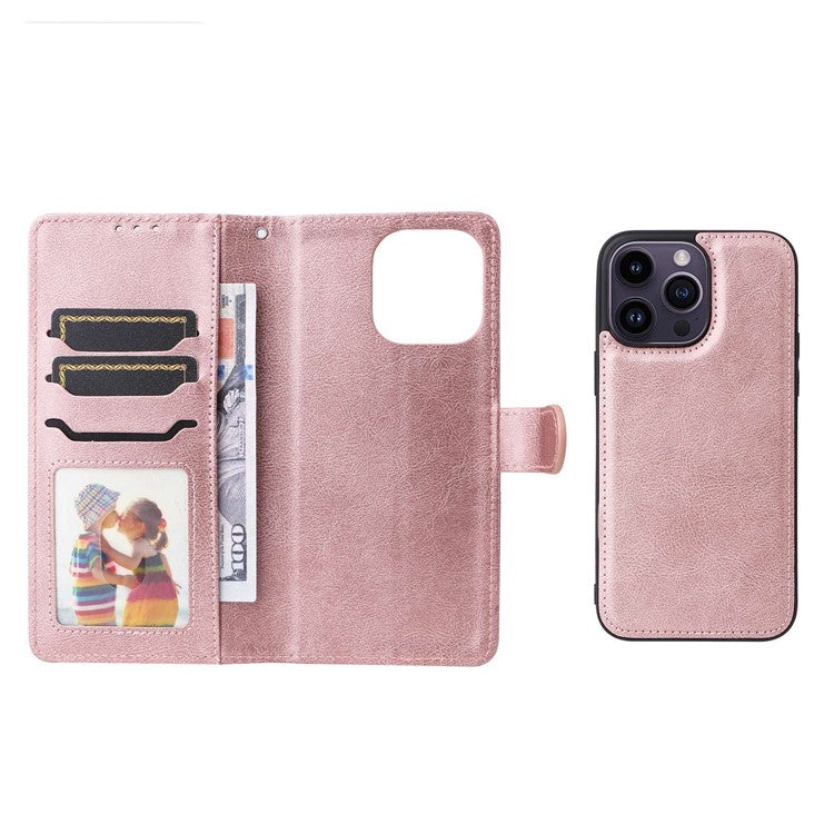 KT Leather Series-3 for iPhone 14 Pro Max Magnetic Detachable Wallet Phone Case Solid Color PU Leather Stand Shockproof Wrist Strap Removable Flip Protective Cover - Rose Gold