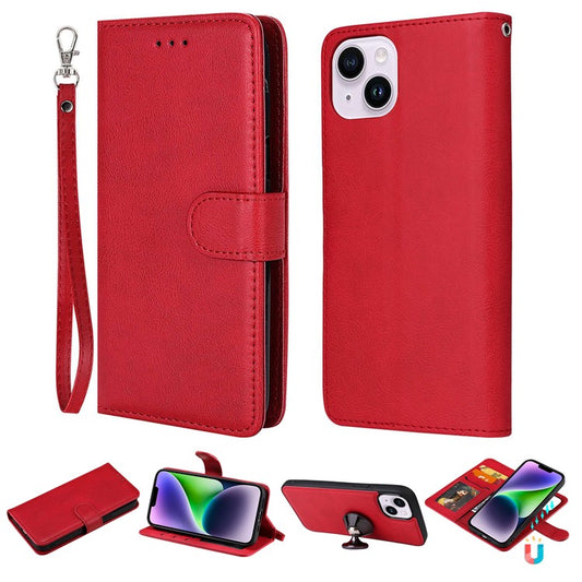 For iPhone 14 Plus KT Leather Series-3 Detachable Leather Coated TPU Case PU Leather Stand Wallet Phone Cover with Strap - Red