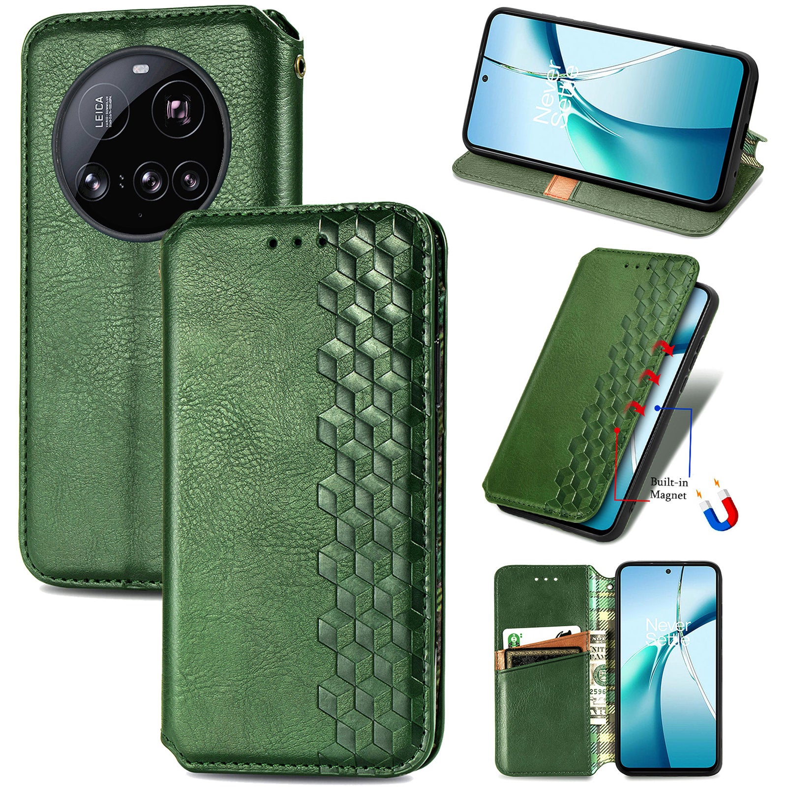 For Xiaomi 15 Ultra Case Rhombus Imprint PU Leather Wallet Phone Cover - Green