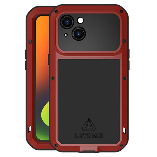 LOVE MEI For iPhone 14 Silicone + Metal Hybrid Phone Cover Shockproof Dust-proof Protective Case with Tempered Glass Film - Red