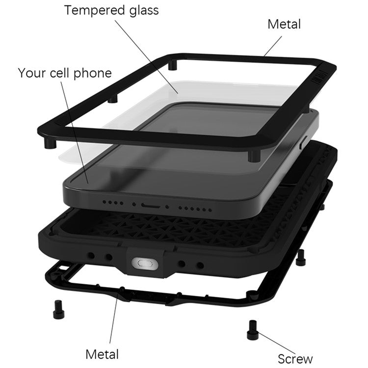 LOVE MEI For iPhone 14 Silicone + Metal Hybrid Phone Cover Shockproof Dust-proof Protective Case with Tempered Glass Film - Red