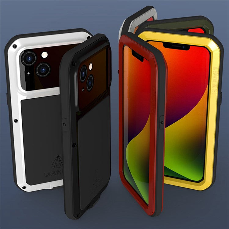 LOVE MEI For iPhone 14 Silicone + Metal Hybrid Phone Cover Shockproof Dust-proof Protective Case with Tempered Glass Film - Red