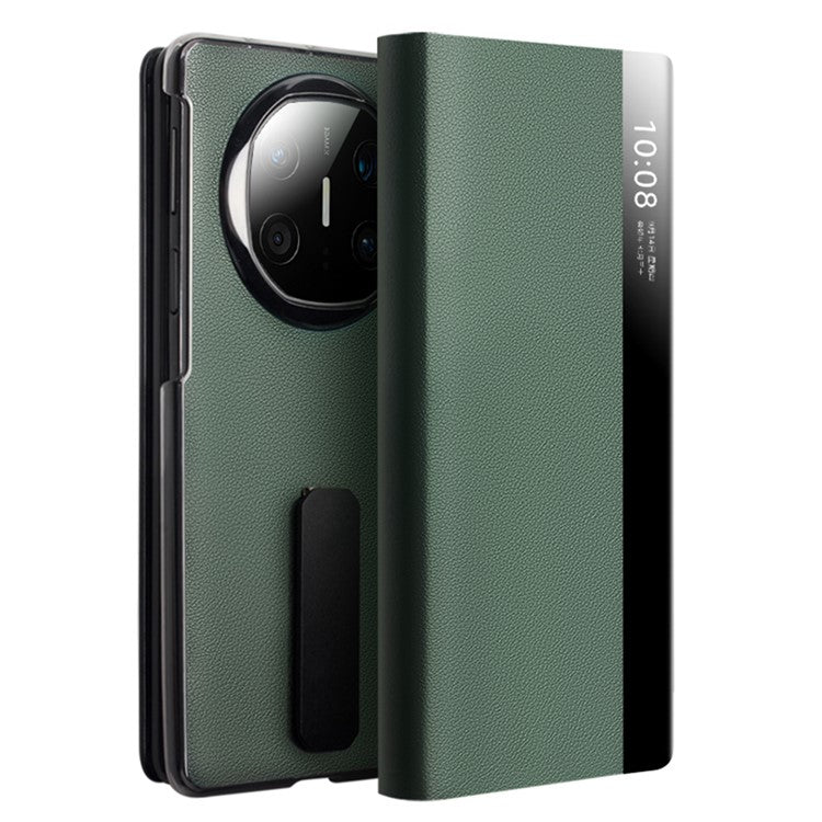 QIALINO For Huawei Mate X6 Case Genuine Cow Leather Kickstand Phone Cover with View Window - Green