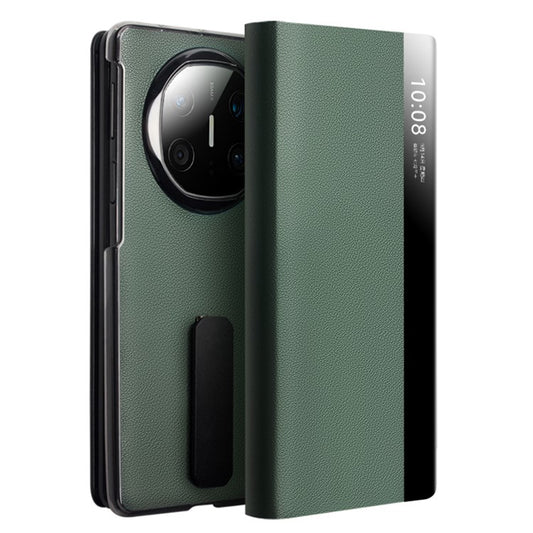 QIALINO For Huawei Mate X6 Case Genuine Cow Leather Kickstand Phone Cover with View Window - Green
