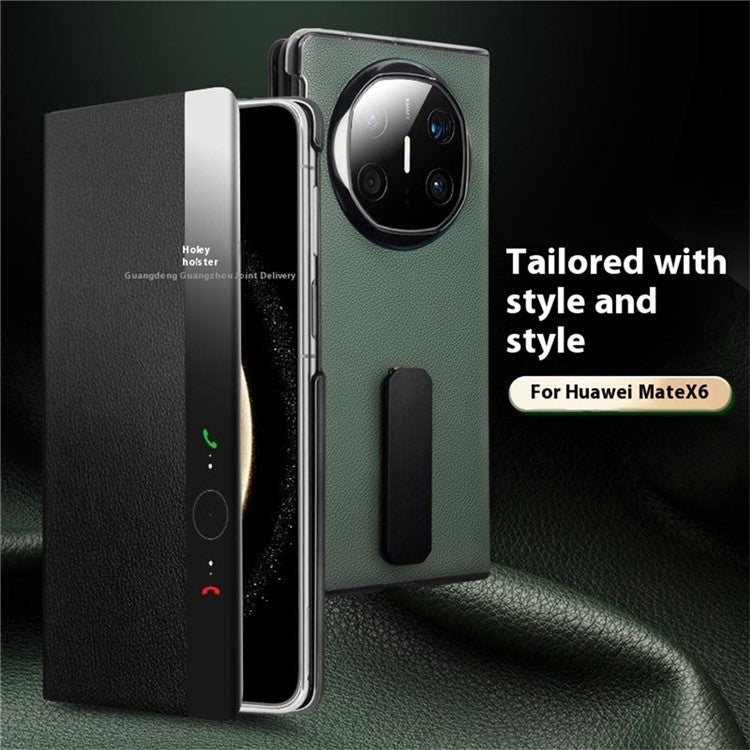 QIALINO For Huawei Mate X6 Case Genuine Cow Leather Kickstand Phone Cover with View Window - Green