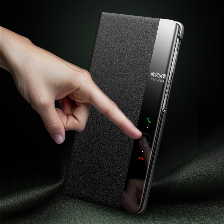 QIALINO For Huawei Mate X6 Case Genuine Cow Leather Kickstand Phone Cover with View Window - Green