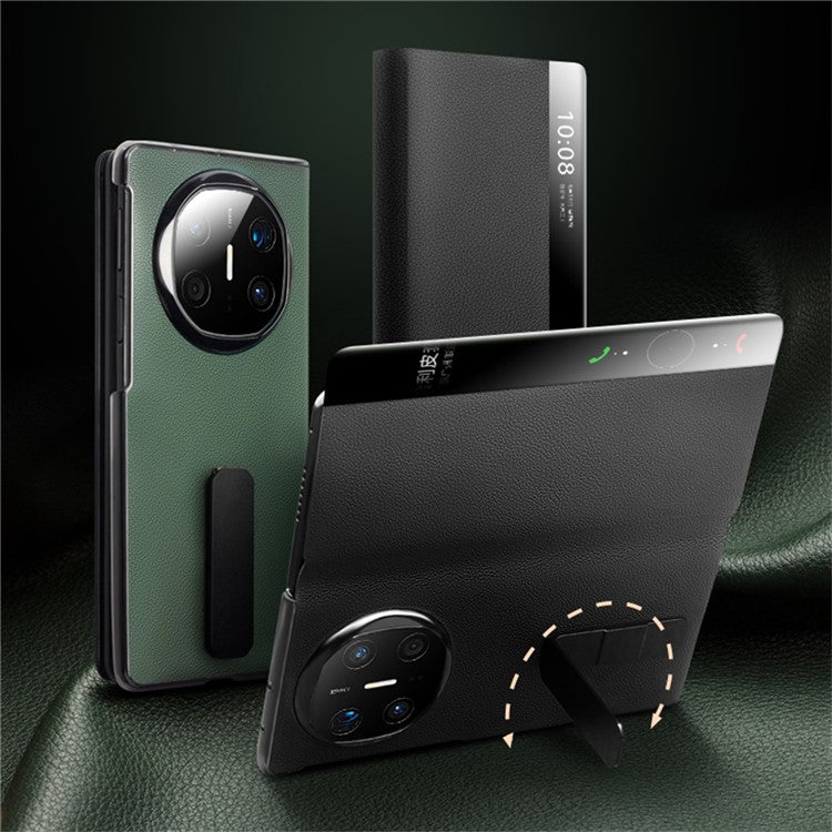 QIALINO For Huawei Mate X6 Case Genuine Cow Leather Kickstand Phone Cover with View Window - Green