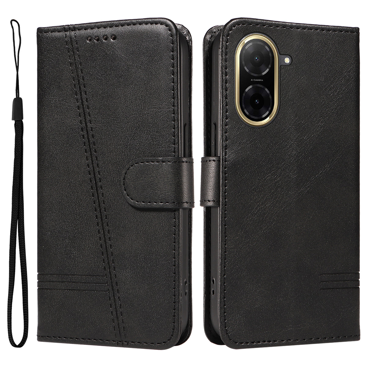 For Xiaomi Redmi A5 NFC (173.45*79.35*8.45mm) Wallet Case T-Shape Lines Leather Phone Cover Stand -  Black