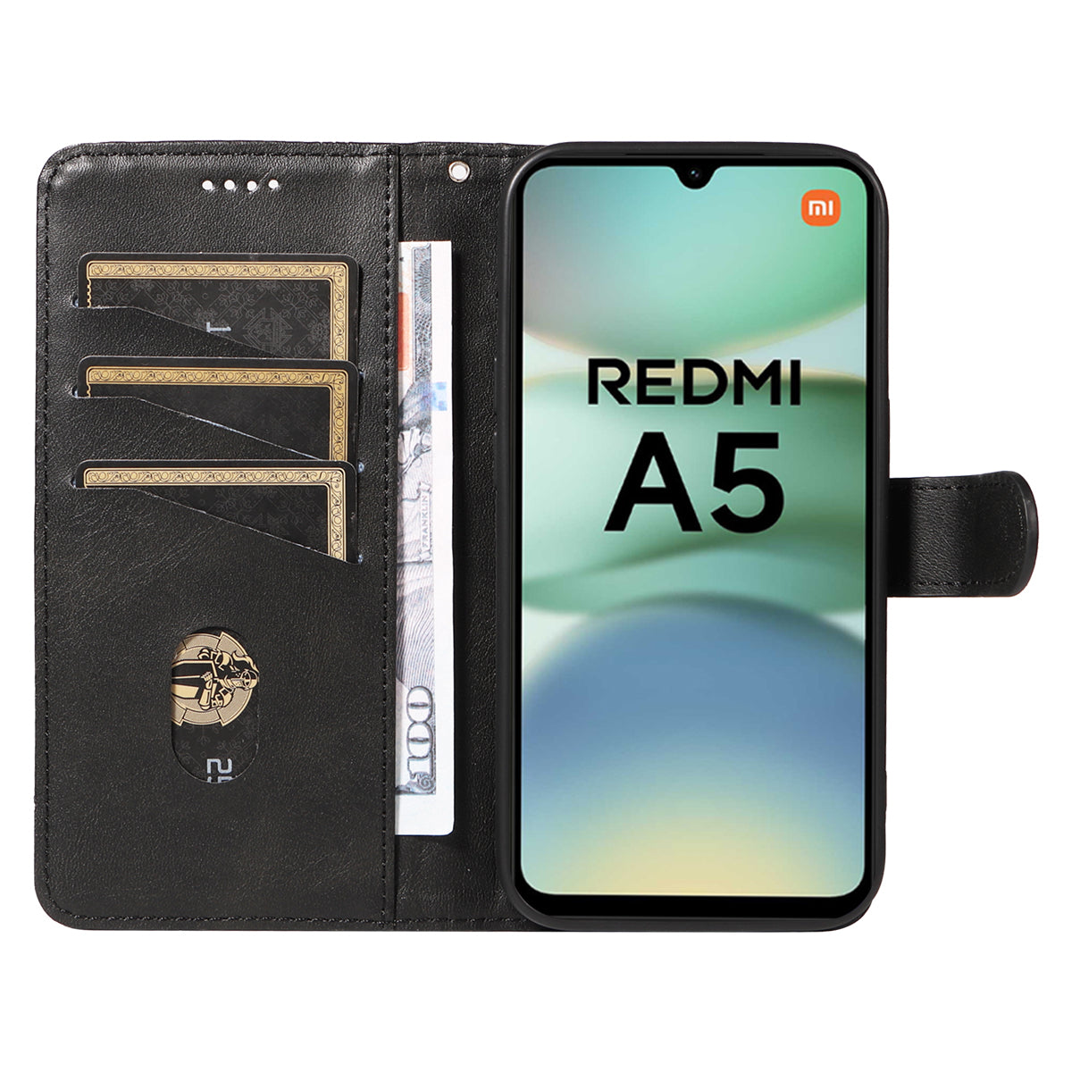 For Xiaomi Redmi A5 NFC (173.45*79.35*8.45mm) Wallet Case T-Shape Lines Leather Phone Cover Stand -  Black