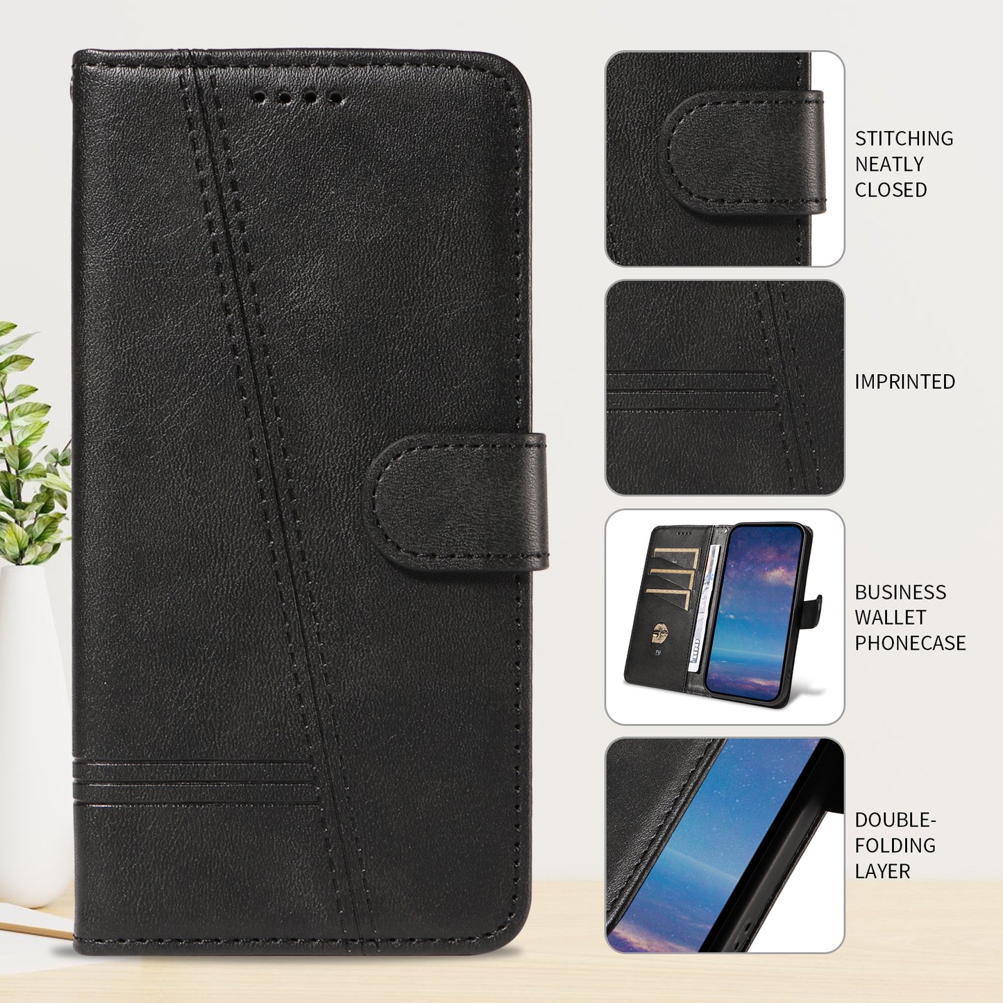For Xiaomi Redmi A5 NFC (173.45*79.35*8.45mm) Wallet Case T-Shape Lines Leather Phone Cover Stand -  Black