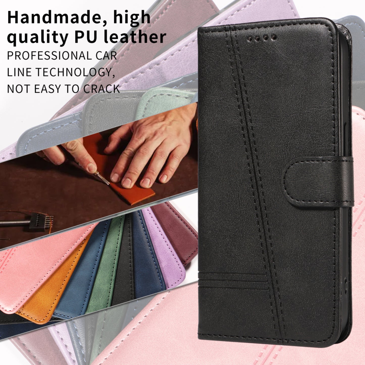 For Xiaomi Redmi A5 NFC (173.45*79.35*8.45mm) Wallet Case T-Shape Lines Leather Phone Cover Stand -  Black