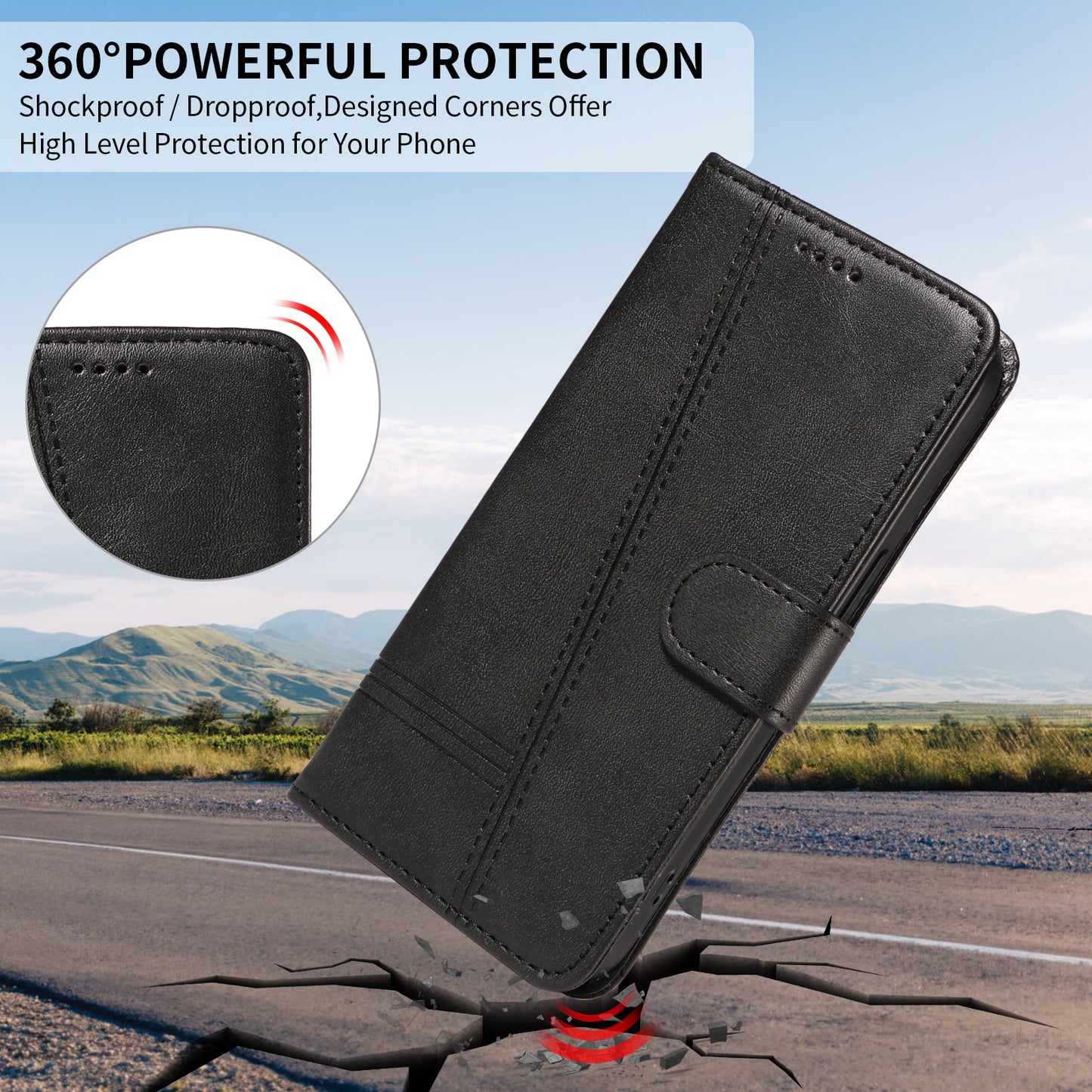 For Xiaomi Redmi A5 NFC (173.45*79.35*8.45mm) Wallet Case T-Shape Lines Leather Phone Cover Stand -  Black