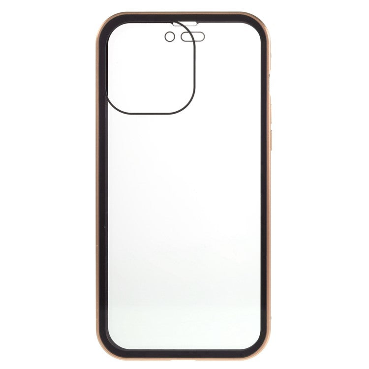 For iPhone 14 Pro Max Shockproof Anti-peep Phone Case Metal Frame + Double-sided Tempered Glass Hybrid Cover with Magnetic Closure - Gold