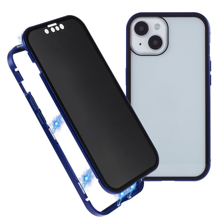For iPhone 14 Anti-spy Phone Case Metal Frame + Double-sided Tempered Glass Magnetic Full Protection Cover - Dark Blue