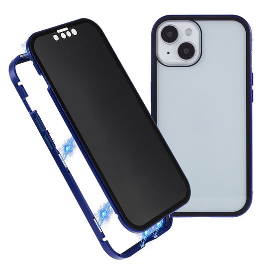 For iPhone 14 Anti-spy Phone Case Metal Frame + Double-sided Tempered Glass Magnetic Full Protection Cover - Dark Blue