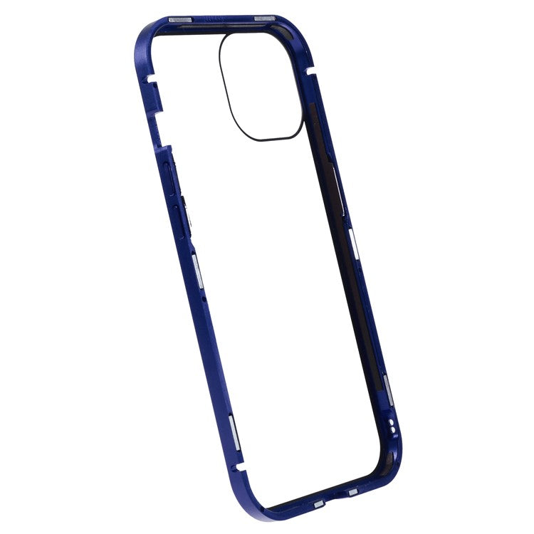 For iPhone 14 Anti-spy Phone Case Metal Frame + Double-sided Tempered Glass Magnetic Full Protection Cover - Dark Blue