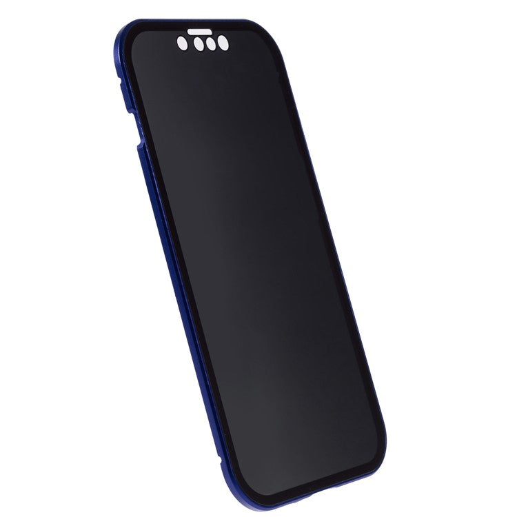 For iPhone 14 Anti-spy Phone Case Metal Frame + Double-sided Tempered Glass Magnetic Full Protection Cover - Dark Blue