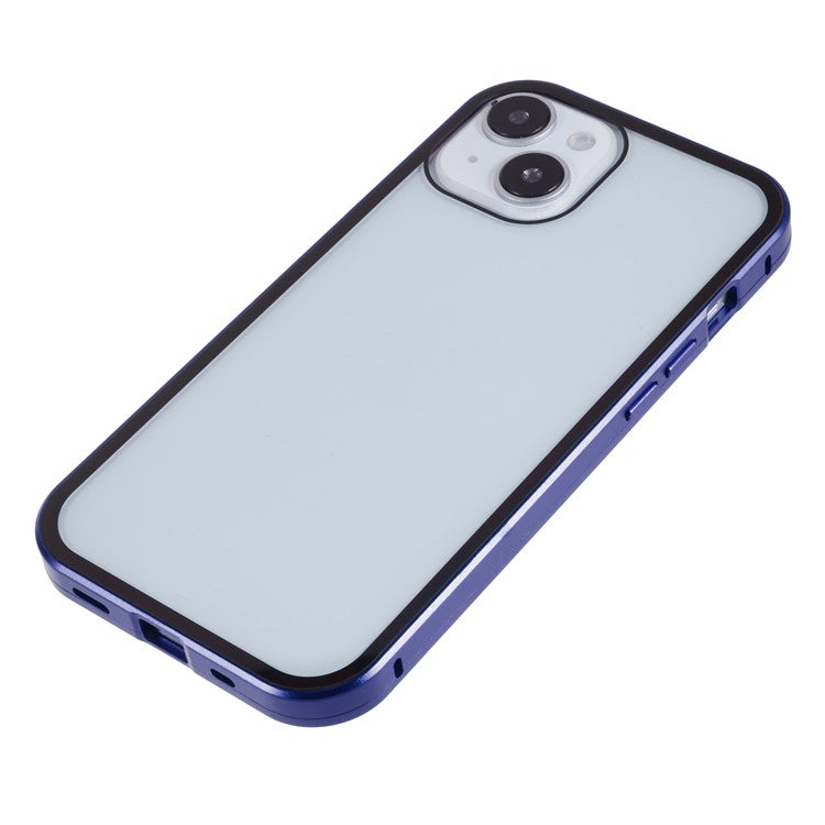 For iPhone 14 Anti-spy Phone Case Metal Frame + Double-sided Tempered Glass Magnetic Full Protection Cover - Dark Blue