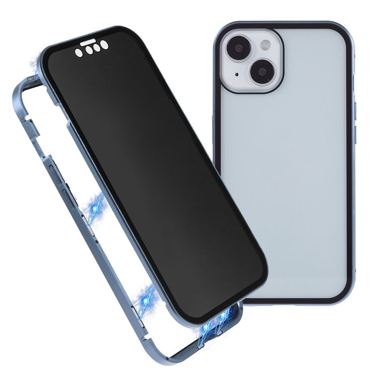 For iPhone 14 Anti-spy Phone Case Metal Frame + Double-sided Tempered Glass Magnetic Full Protection Cover - Baby Blue