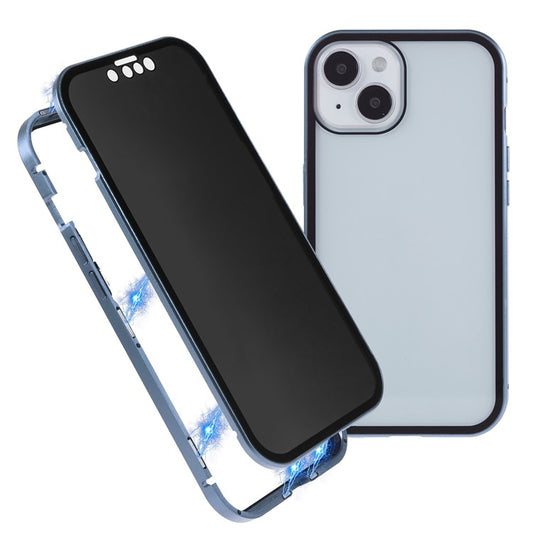 For iPhone 14 Anti-spy Phone Case Metal Frame + Double-sided Tempered Glass Magnetic Full Protection Cover - Baby Blue