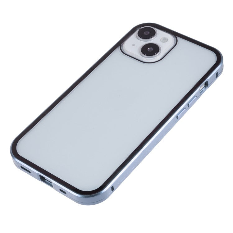 For iPhone 14 Anti-spy Phone Case Metal Frame + Double-sided Tempered Glass Magnetic Full Protection Cover - Baby Blue